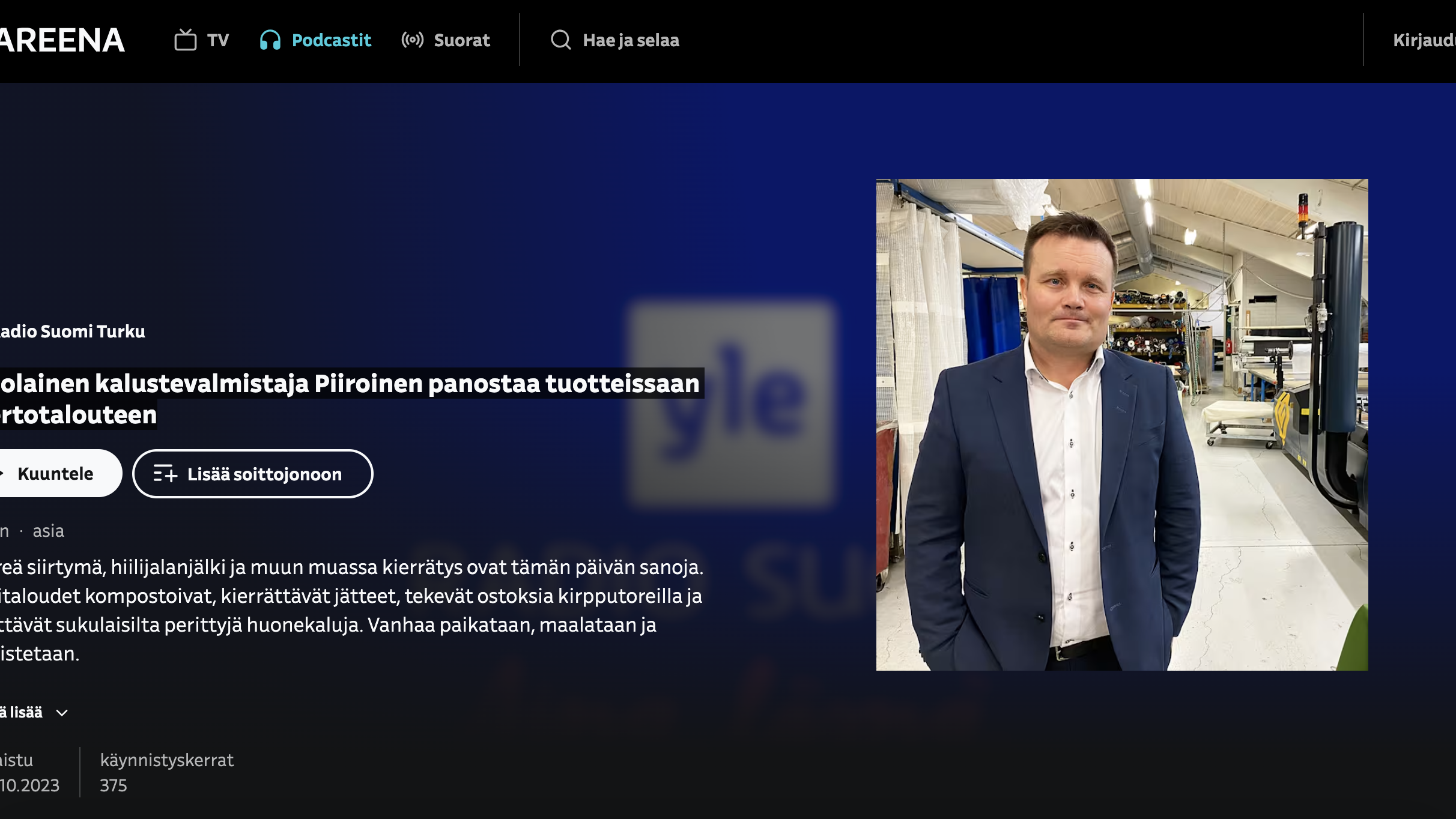 Yle: Salolainen kalustevalmistaja Piiroinen panostaa tuotteissaan kiertotalouteen