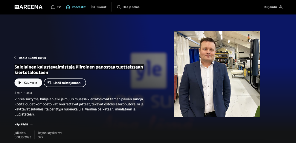 Yle: Salolainen kalustevalmistaja Piiroinen panostaa tuotteissaan kiertotalouteen