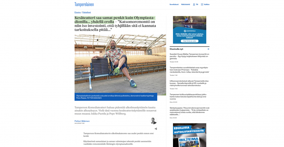 Kesäteatteri saa samat penkit kuin Olympiastadionilla... yhdellä erolla