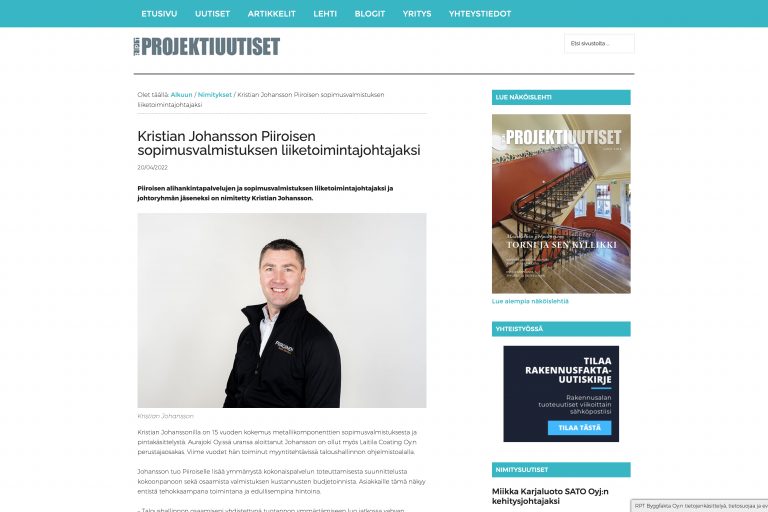 Kristian Johansson Piiroisen sopimusvalmistuksen liiketoimintajohtajaksi