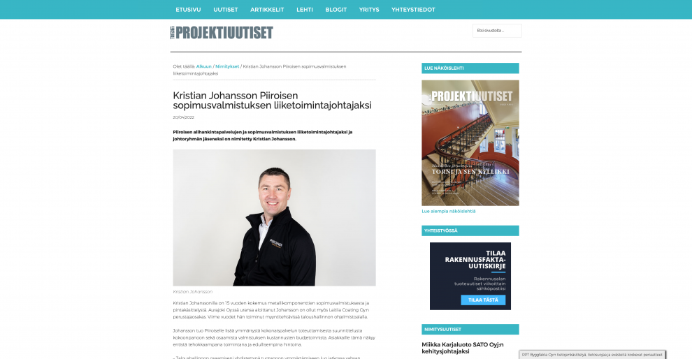 Kristian Johansson Piiroisen sopimusvalmistuksen liiketoimintajohtajaksi